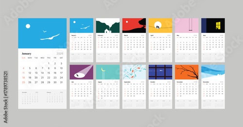 Monthly calendar 2026 week start Sunday corporate design template vector, wall desk calendar in a minimalist style