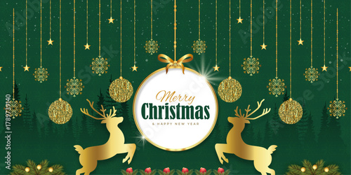 Gold Christmas and New Year Typographical on green background with winter landscape with snowflakes, light, stars. Merry Christmas card. Vector Illustration creative, Marry Christmas poster, web banne
