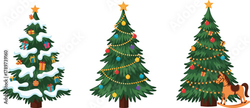 PrintBeautiful decorated Christmas trees with gifts, snow, ornaments, and star toppers, festive winter holiday background illustration for seasonal celebration design