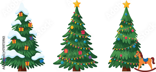 PrintBeautiful decorated Christmas trees with snow, lights, gifts, and star toppers, festive winter holiday illustration design for seasonal celebration background