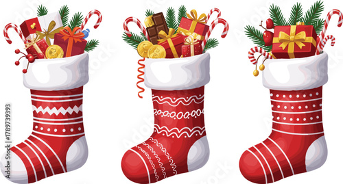 PrintChristmas stockings filled with gifts, candy canes, golden coins, chocolate, and pine branches, festive holiday decoration and celebration concept