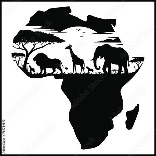 Africa Map Wildlife Silhouette Art