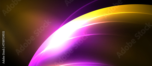 Abstract design features vibrant curves, luminous gradients. Colors blend from gold to magenta, creating dynamic visual effect. Smooth shapes suggest movement.