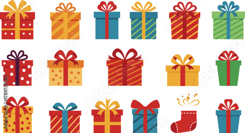 PrintColorful gift boxes with ribbons and bows, festive wrapped presents for Christmas, birthday, celebration, holiday, and party decoration design