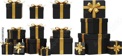 PrintElegant black gift boxes with golden ribbons and bows, luxury presents for birthday, Christmas, wedding, holiday celebration, and festive decoration