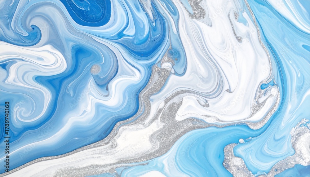 Fototapeta premium Abstract fluid texture with swirling blue, white, and silver tones blending seamlessly together, creating a smooth liquid movement effect that evokes calmness, modern elegance, and endless depth of fl