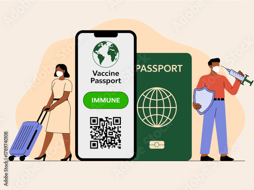 An informative illustration showing a vaccine passport displayed on a smartphone alongside travel elements, highlighting the importance of health and safety in travel.
