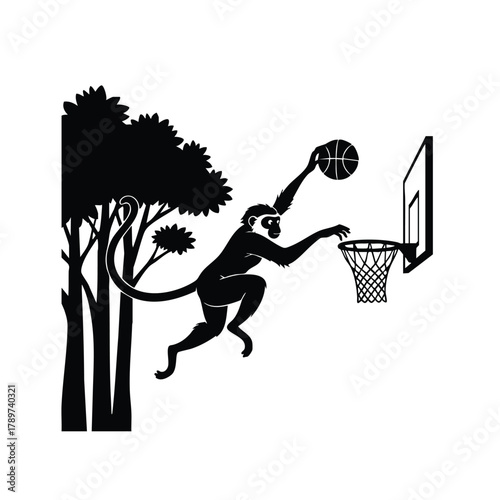 Monkey is playing basketball grabbing ball from tree for scoring vector art