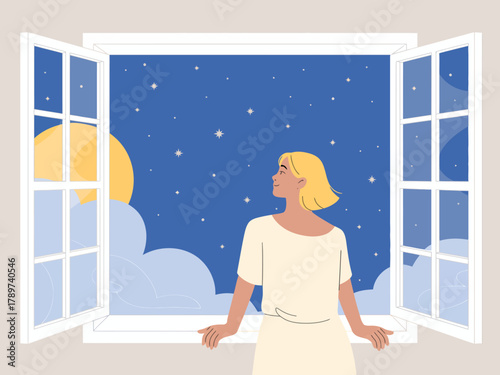 A serene woman stands by an open window gazing at a beautiful starry sky, illuminated by a soft moonlight that creates a calming atmosphere filled with wonder.