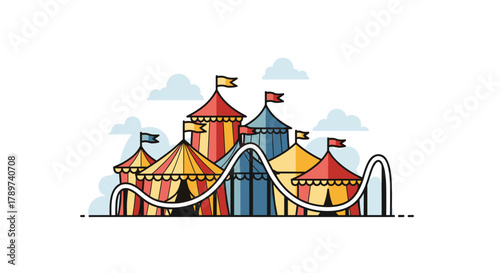 Vibrant circus tents and roller coaster create a festive atmosphere for summer entertainment and family fun
