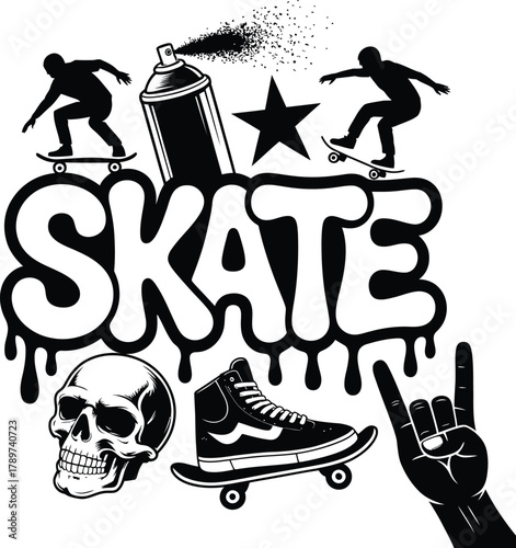 Skateboarding urban grunge graphic art with street culture elements