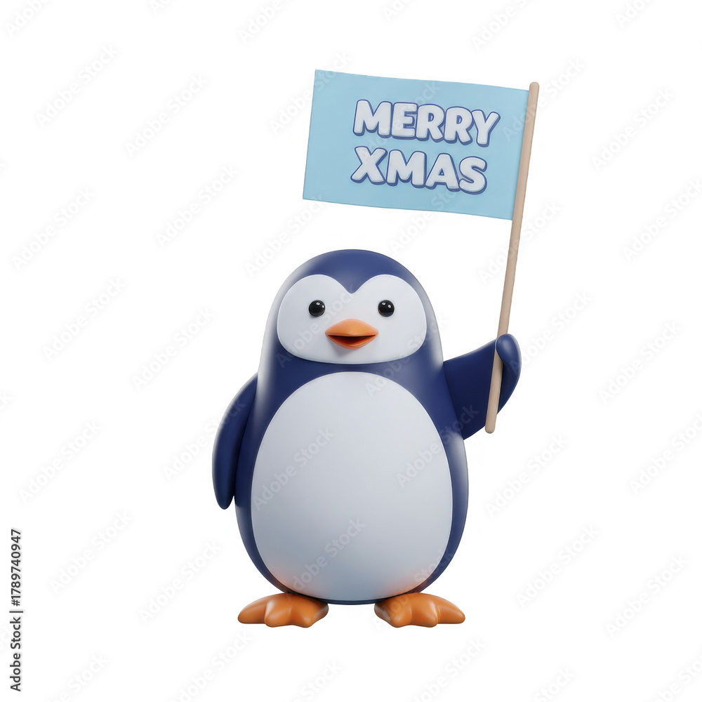 Fototapeta premium Festive Navy Penguin Holding Merry Xmas Sign Against Black Background