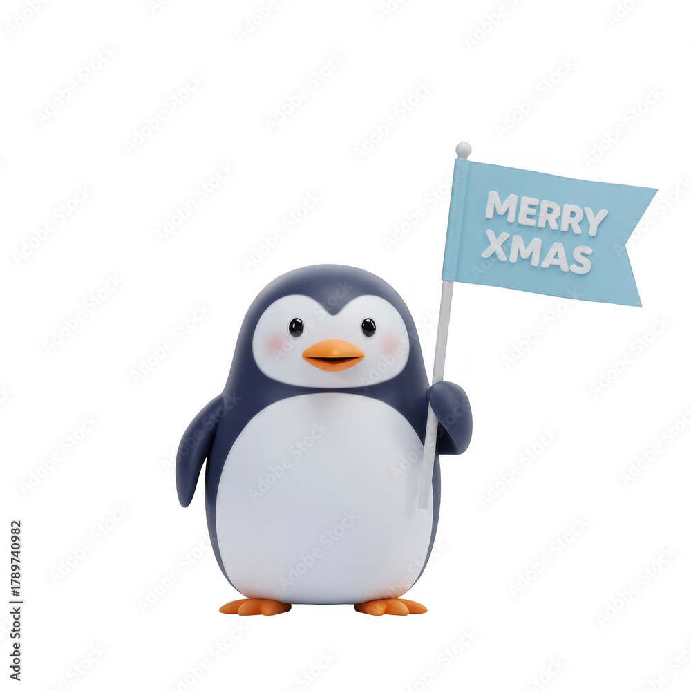 Obraz premium Penguin Holding Light Blue Merry Xmas Flag on Transparent Background