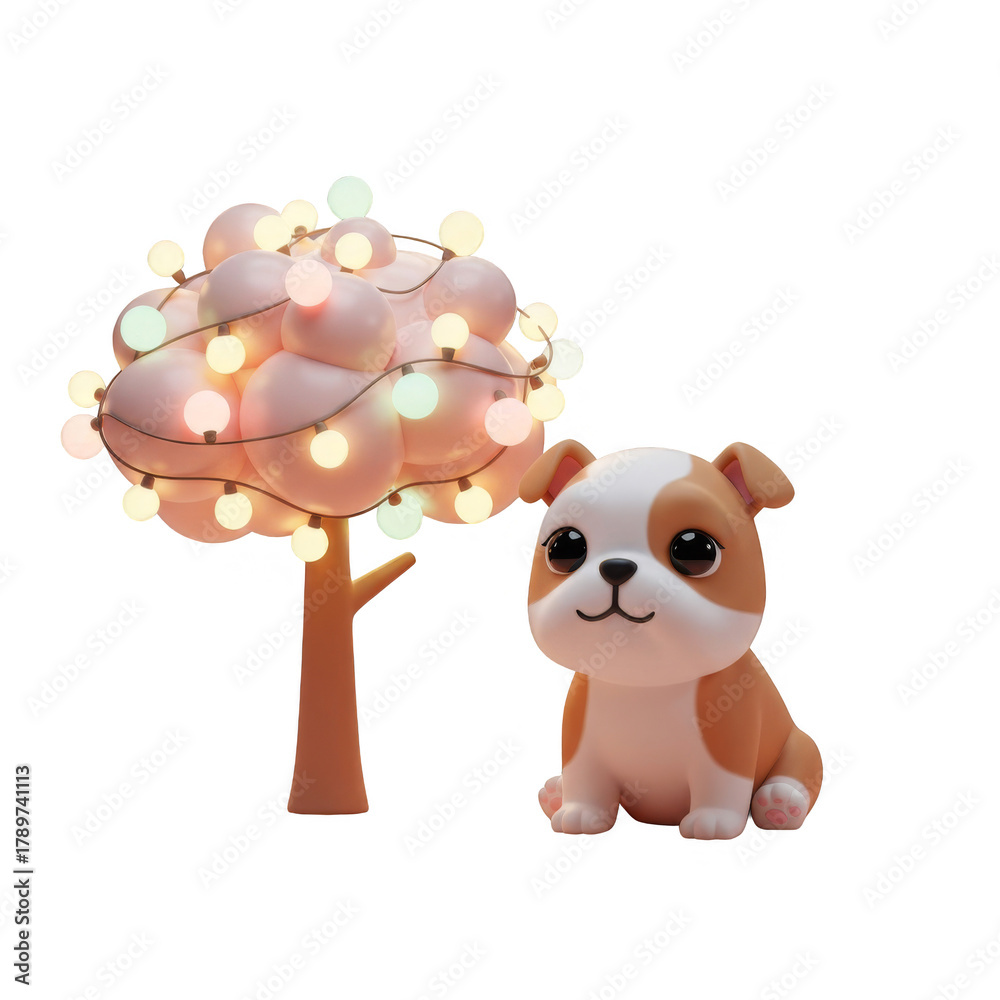 Fototapeta premium Cute Bulldog Puppy Next to Glowing Lighted Tree on Transparent