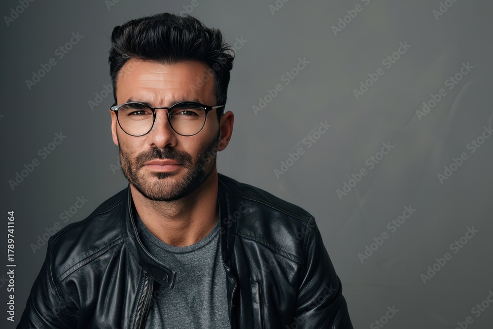 Fototapeta premium Portrait of a Man in a Leather Jacket Fictional Character Created By Generative AI