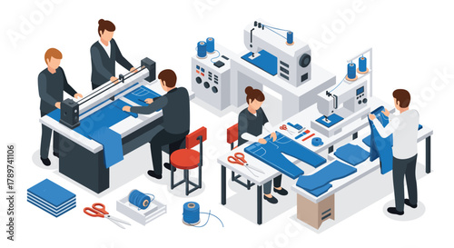 Modern garment factory workers efficiently crafting apparel with industrial sewing machines and fabric cutting equipment for mass production
