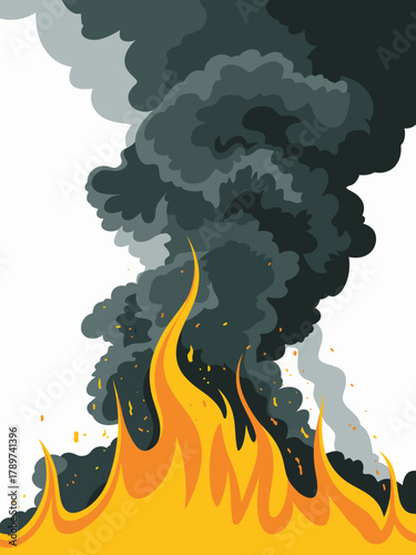 A dramatic depiction of flames and thick smoke captures the raw intensity of fire, conveying themes of chaos and destruction in a visually impactful manner.