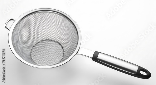 A stainless steel strainer with a fine mesh and a black-handled grip on a light background.