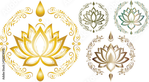 Golden lotus flower emblem with decorative elements on a black background design