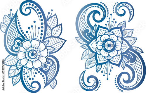 Intricate floral henna designs in blue gradient against a stark black background
