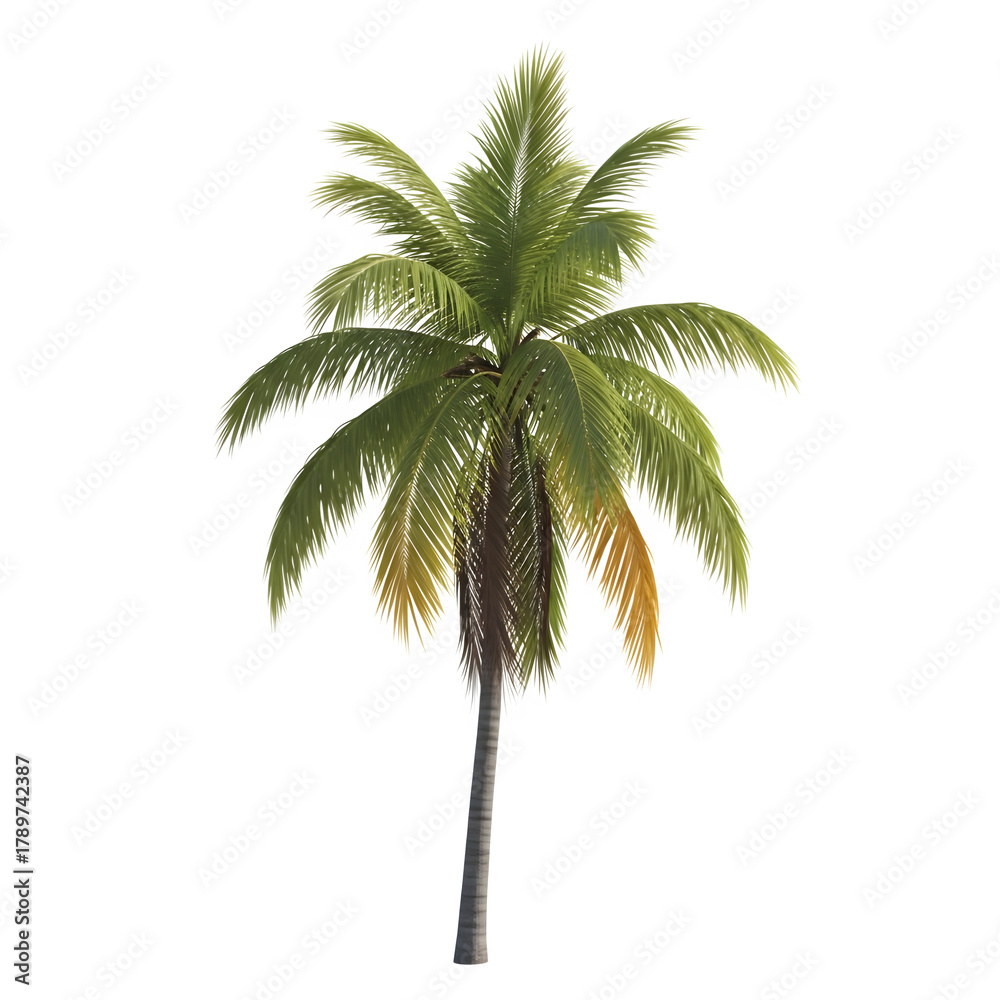 Fototapeta premium A single palm tree with green fronds isolated on transparent background 