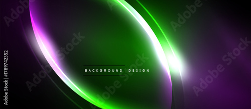 Abstract neon lines create dynamic green, purple glow. Dark background emphasizes bright curves, modern design element.