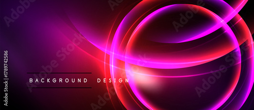 Abstract background features vibrant neon curves, circles. Dark space contrasts bright magenta, red hues. Modern design element.