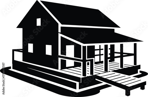 PrintModern stilt house vector illustration, black and white floating home design, tropical river house architecture, wooden structure art, minimalist silhouette.