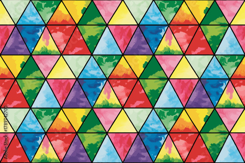This vibrant image features a geometric pattern of triangles in various colors, showcasing a playful and artistic aesthetic suitable for backgrounds or textiles.