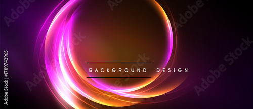 Abstract neon swirls create vibrant circular design. Dark background emphasizes glowing orange, purple hues. Text reads background design.