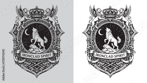 Ironclad Spirit: Wolf Howling at Crescent Moon with Winged Lions Emblem
