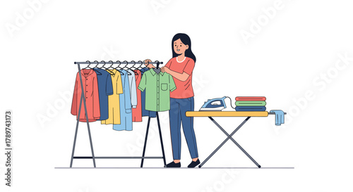 Woman thoughtfully selecting fresh garment from rack next to ironing board with neat stack of clothes