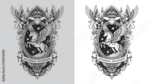 Aetherial Ascension: Pegasus Flying in Cosmos with Griffins and Clock