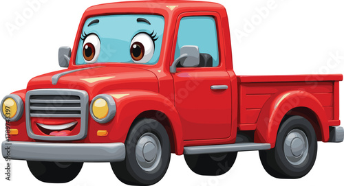Cartoon red pickup truck with smiling face, friendly transport character, 3D children vehicle, animated cargo car, playful driving icon