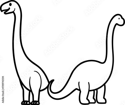 Two cartoon dinosaurs are depicted against a plain white background. The larger dinosaur, a Brachiosaurus, is positioned on the left side, facing slightly towards the right. It is drawn in a simple, m