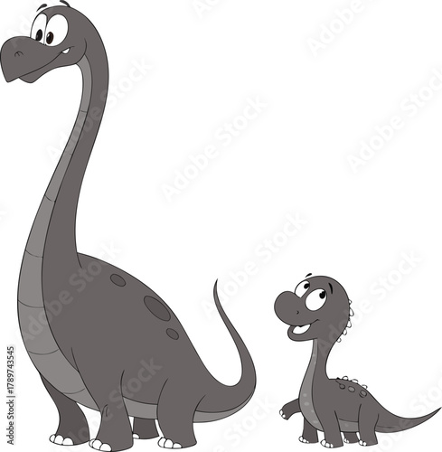 Two cartoon dinosaurs are depicted against a plain white background. The larger dinosaur, a Brachiosaurus, is positioned on the left side, facing slightly towards the right. It is drawn in a simple, m