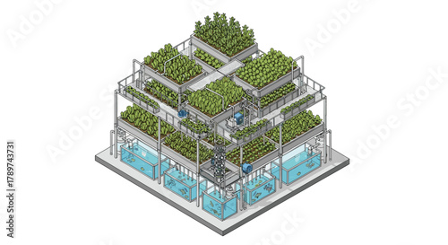 Innovative vertical farm system integrates sustainable aquaponics with lush green crops, showcasing future food production