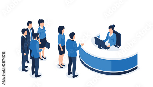 Professional team consulting with receptionist at modern service desk, clients seeking assistance in reception area