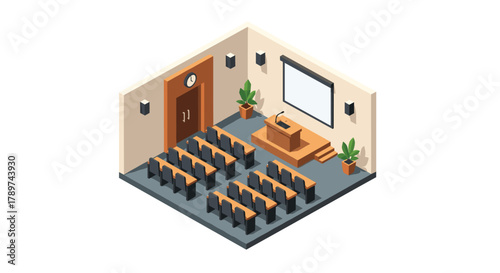 Professional conference room prepared for presentation with podium and empty seats ready for audience