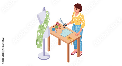 Creative fashion designer meticulously crafting a new garment with scissors and thread at a sewing table