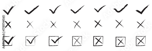 Black check marks and  crosses icon. Collection of  check marks and  cross symbols, including boxed versions, representing approval, rejection, validation, and error concepts.

