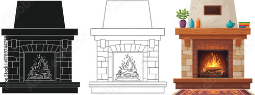 Three fireplace illustrations in black silhouette, outline, and color, showcasing different artistic styles and design options