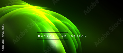 Bright green neon waves form abstract shape. Dark background emphasizes luminous curves, creating dynamic visual effect. Text reads background design.