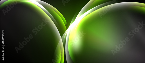 Abstract shapes, green hues dominate. Smooth gradients create flowing forms, dark background emphasizes luminosity. Modern design element.