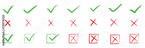 Green check marks and red crosses icon. Collection of green check marks and red cross symbols, including boxed versions, representing approval, rejection, validation, and error concepts.

