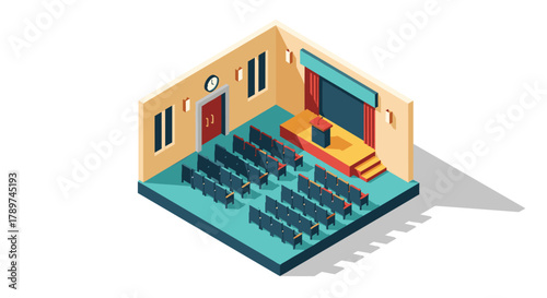 Modern auditorium stage and seating arrangement, perfect for presentations, lectures, or performances, creating an engaging atmosphere