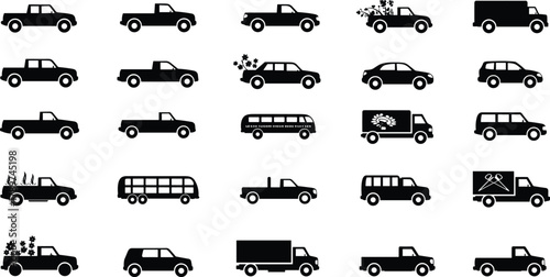 PrintSilhouette pickup trucks, vans, cars, buses, delivery vehicles, floral cargo icons, transportation fleet symbols, black vector automotive collection, commercial design set