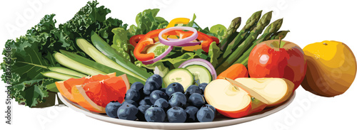 Healthy fruit vegetable plate, colorful nutrition dish, fresh produce assortment, wellness food styling, vibrant salad layout, clean eating concept