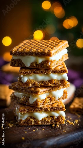 Delicious graham cracker s'mores stacked high with creamy marshmallow filling in a warm, inviting scene perfect for holiday baking content