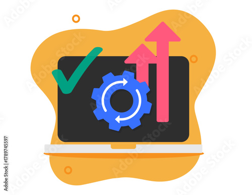 Laptop computer system boost hardware upgrade icon graphic flat cartoon illustration, new pc os software version installation update to improve speed performance technology, modernize security tech
